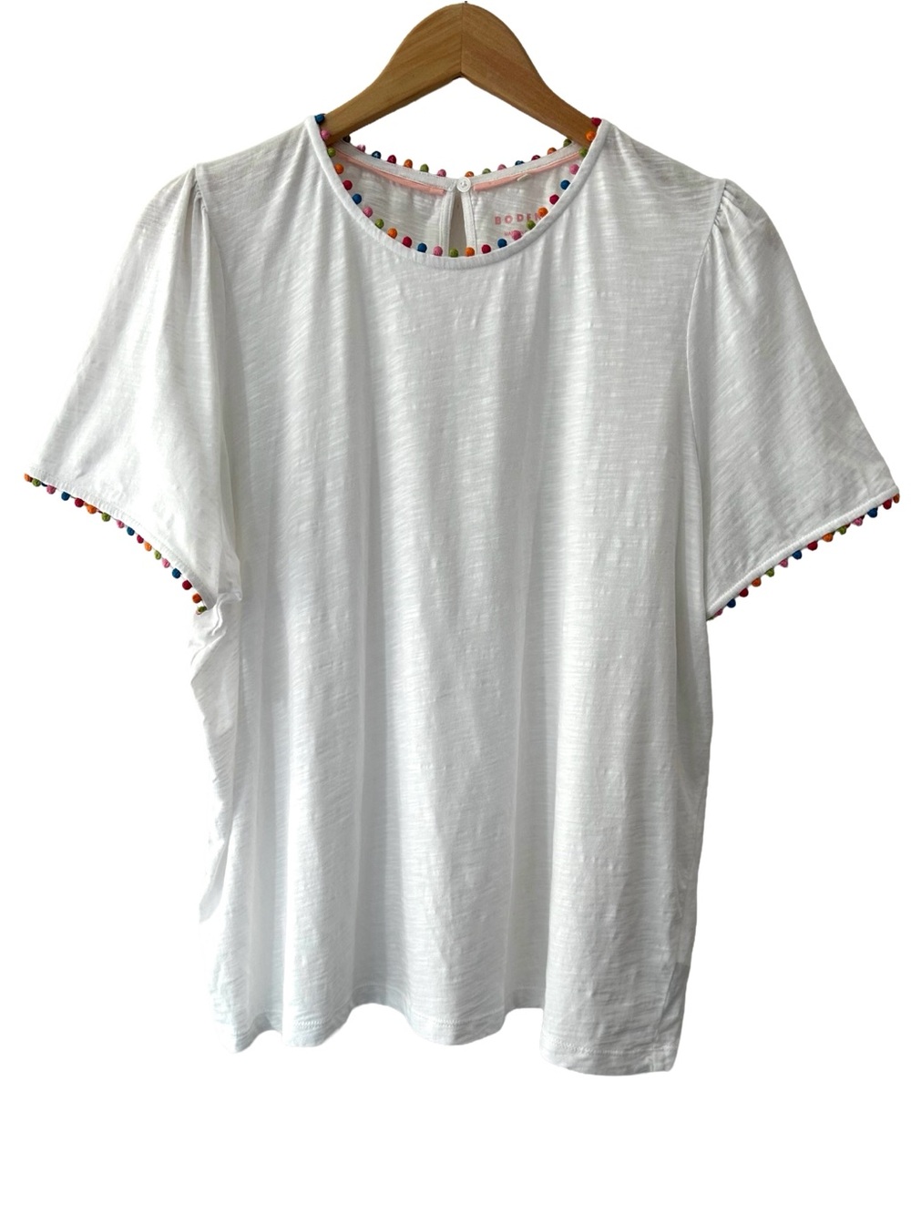 Boden women’s Ali Jersey top tee 16 18 white Pom Pom Trim slub Cotton